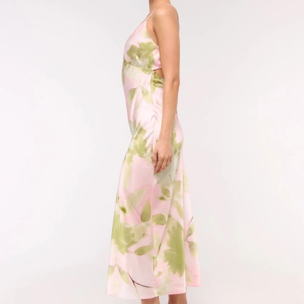 NWT Abercrombie & Fitch M Satin Julia Slip Tie-Back Maxi Dress Light Pink Floral
